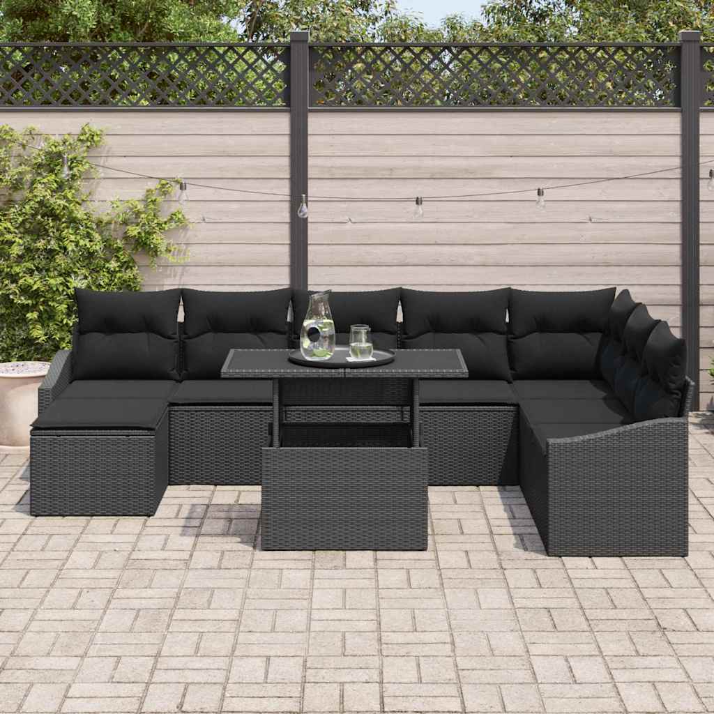 Set di divani con cuscino 9 pcs Nero polyrattan | homemem39