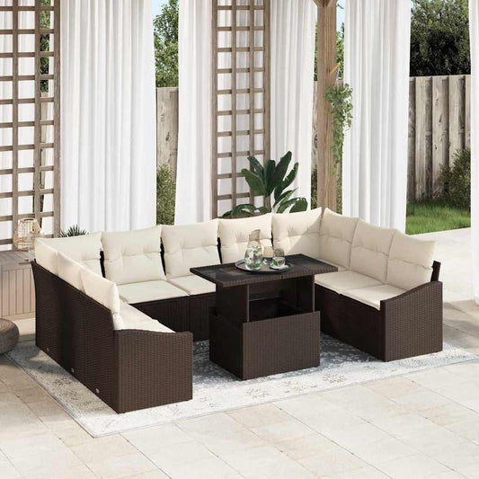 Set di divani con cuscino 10 pcs Marrone e Crema polyrattan