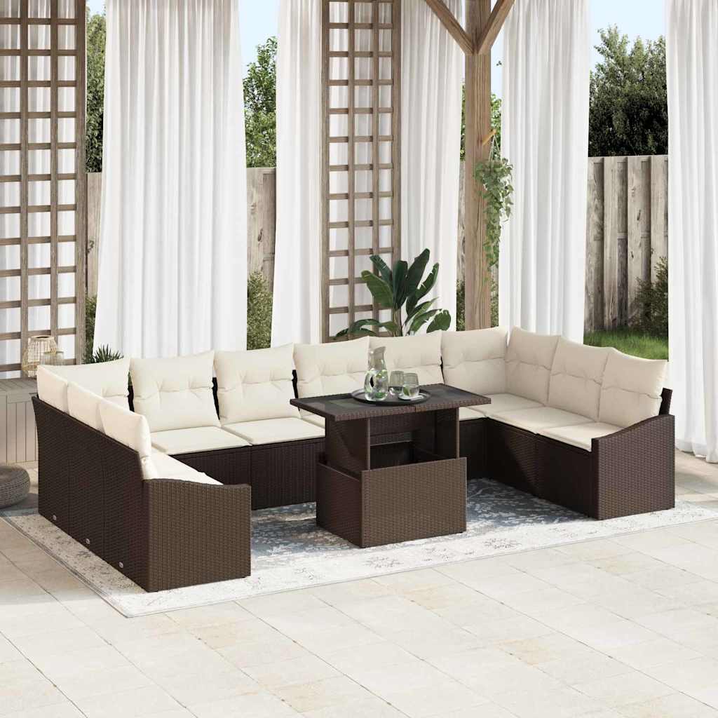 Set di divani con cuscino 11 pcs Marrone e Crema polyrattan | homemem39