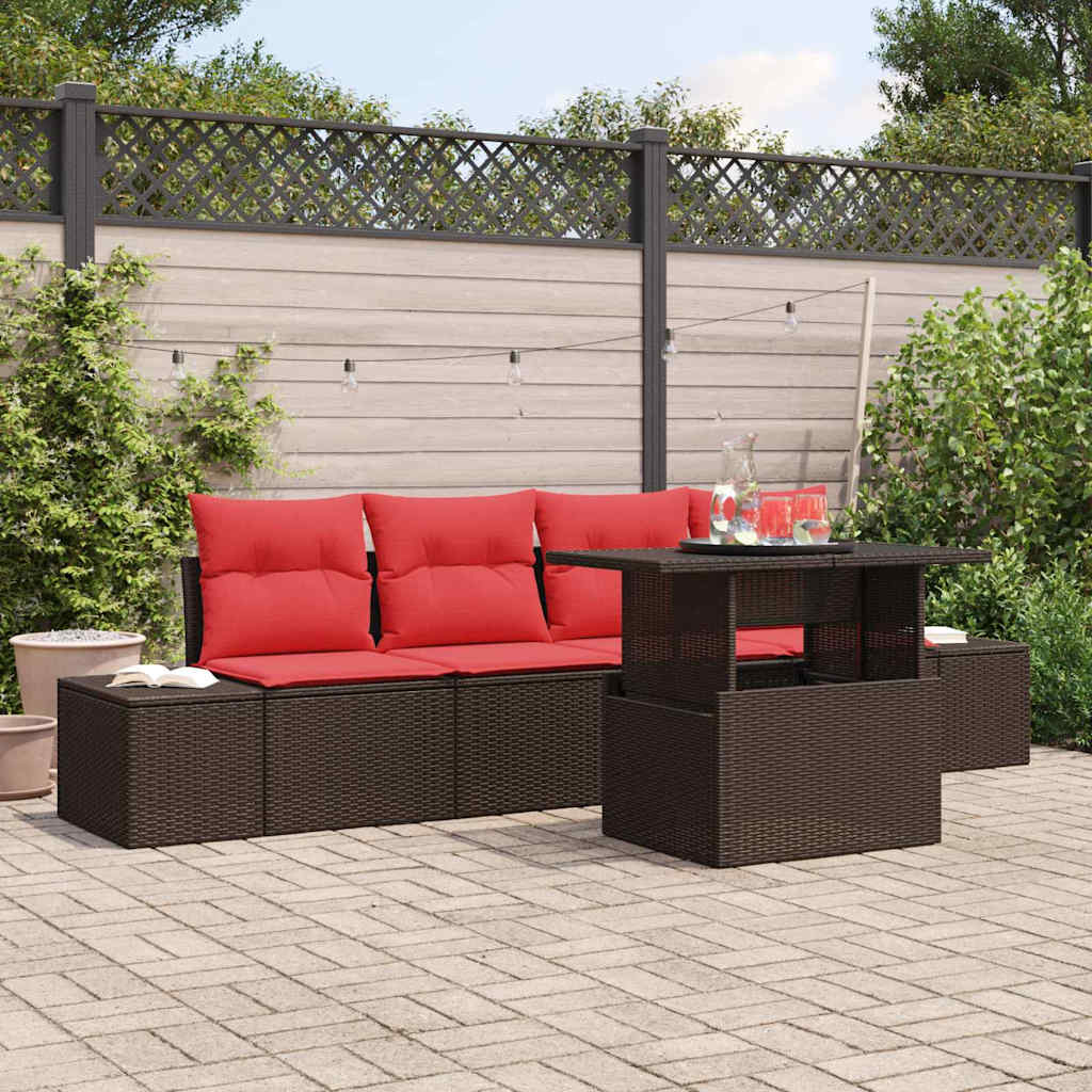 Set di divani con cuscino 5 pcs Marrone e Rosso polyrattan | homemem39
