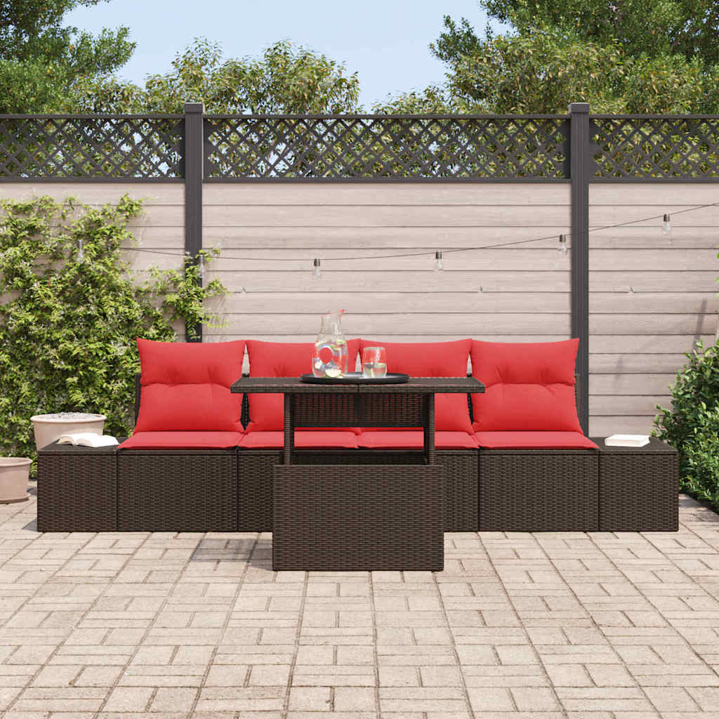 Set di divani con cuscino 5 pcs Marrone e Rosso polyrattan | homemem39