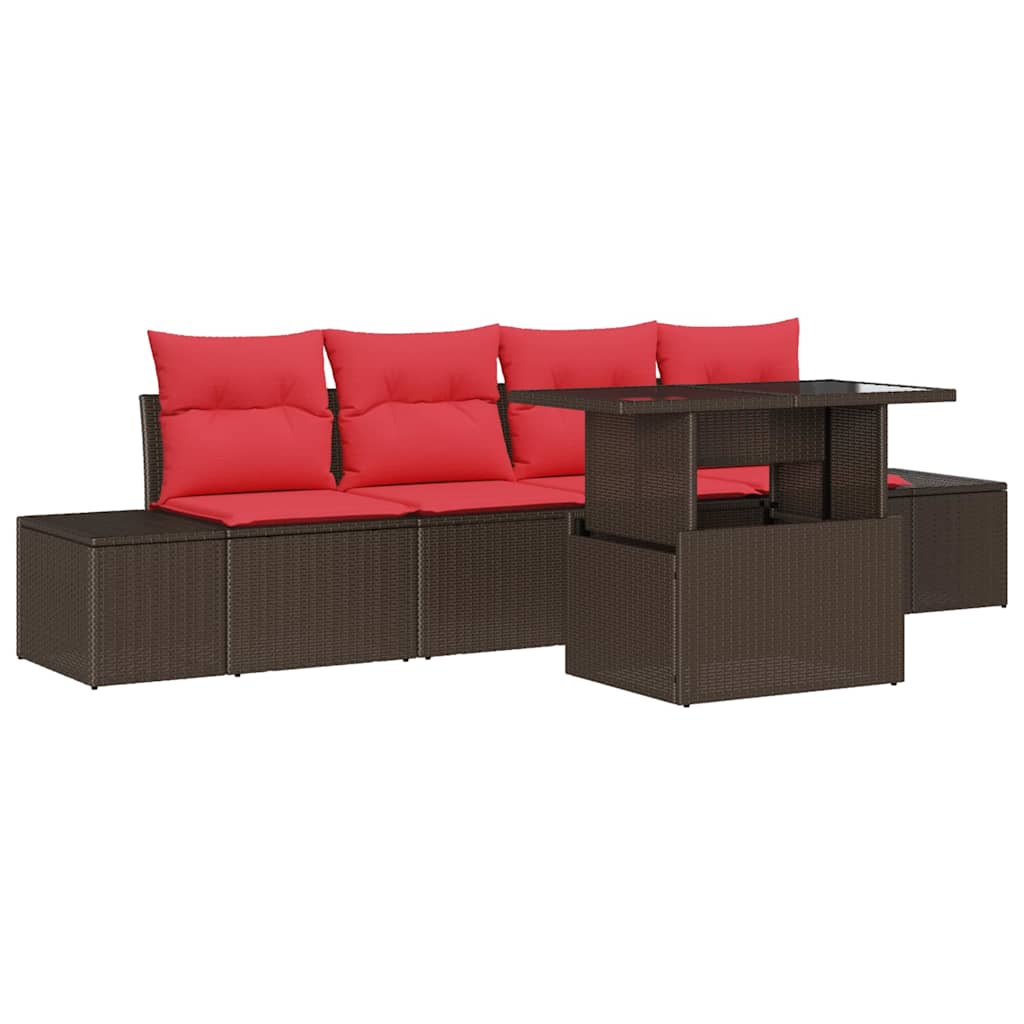 Set di divani con cuscino 5 pcs Marrone e Rosso polyrattan | homemem39