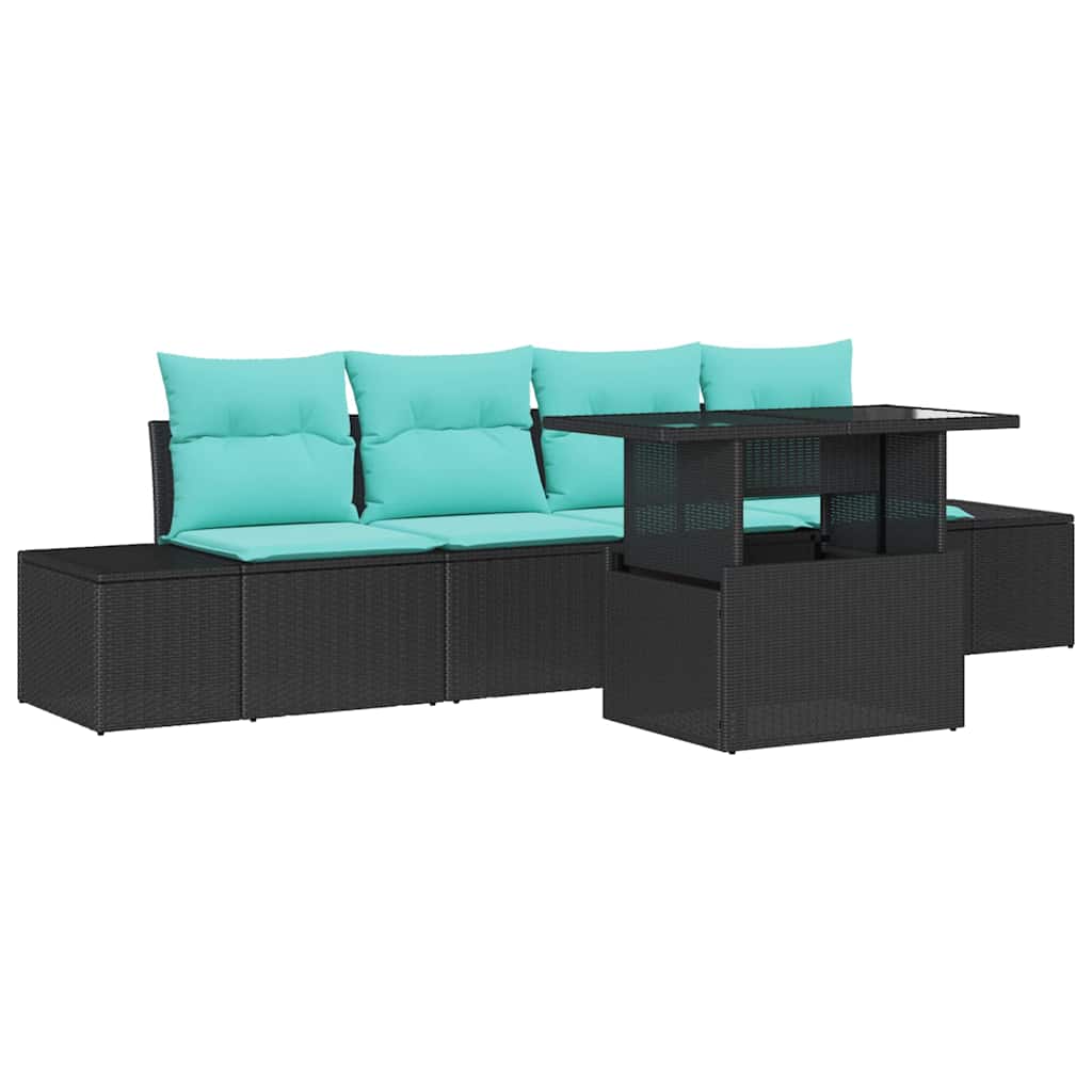 Set di divani 5 pz 4-Numero di posti Nero e Blu polyrattan | homemem39