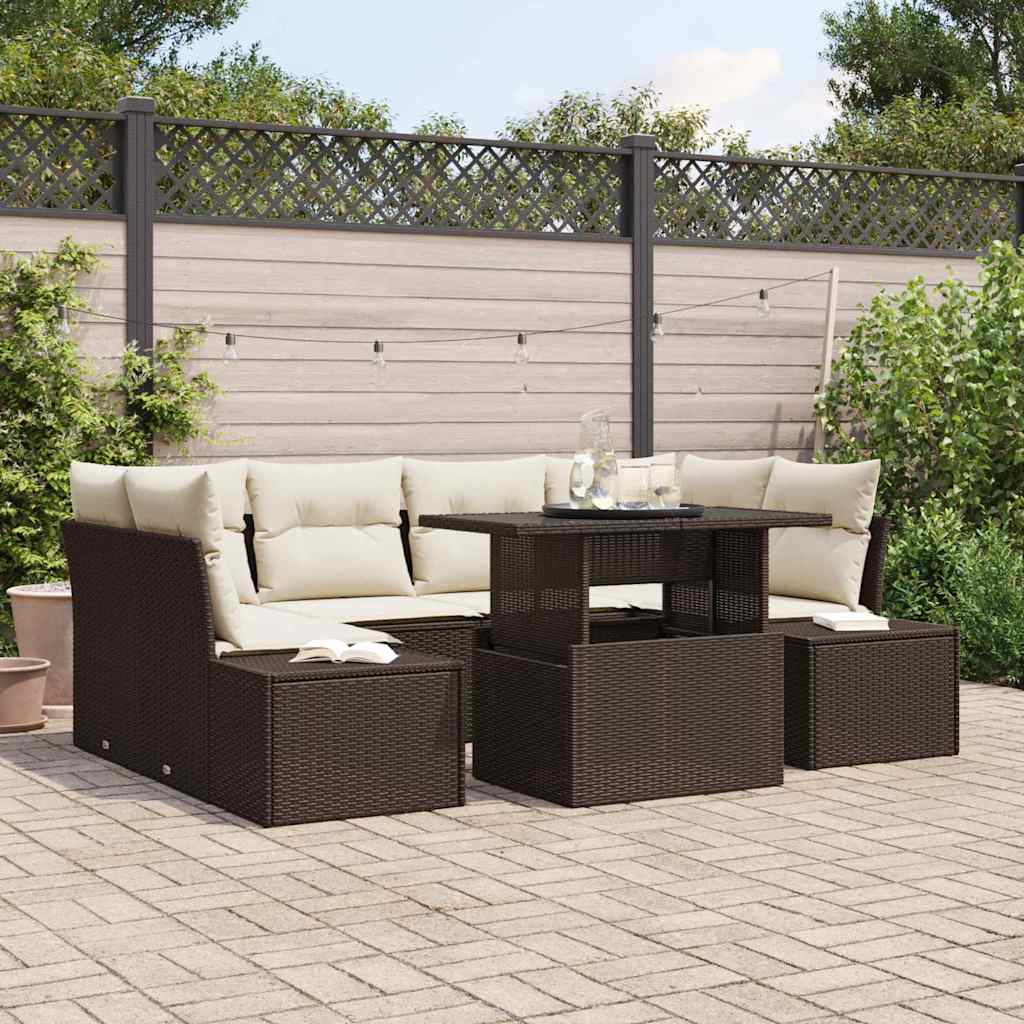 Set di divani con cuscino 7 pcs Marrone e Crema polyrattan | homemem39