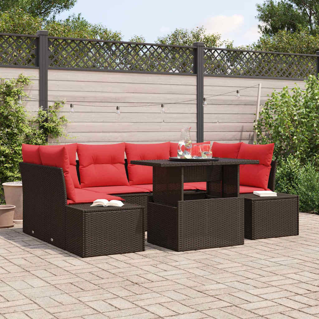 Set di divani con cuscino 7 pcs Marrone e Rosso polyrattan | homemem39