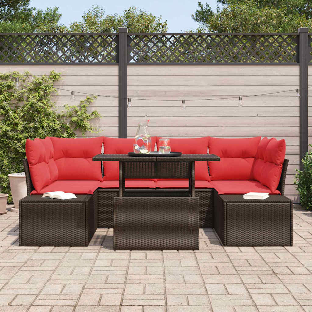 Set di divani con cuscino 7 pcs Marrone e Rosso polyrattan | homemem39