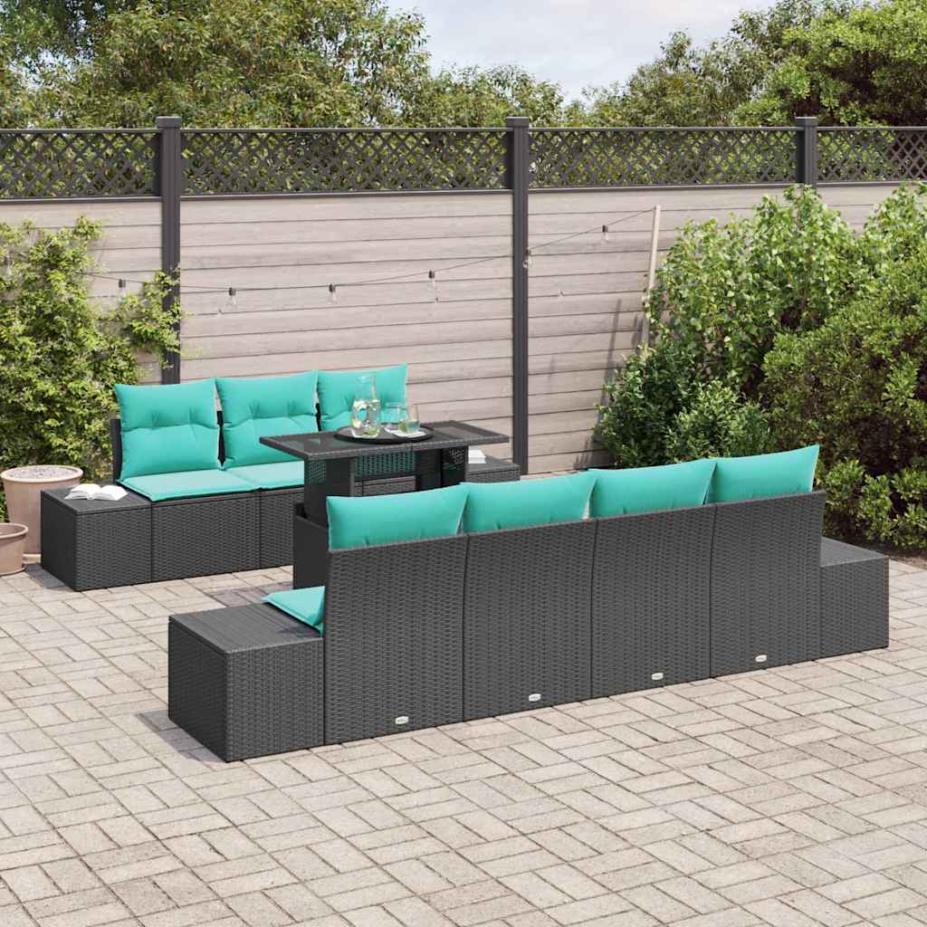 Set di divani 8 pz 7-Numero di posti Nero e Blu polyrattan | homemem39