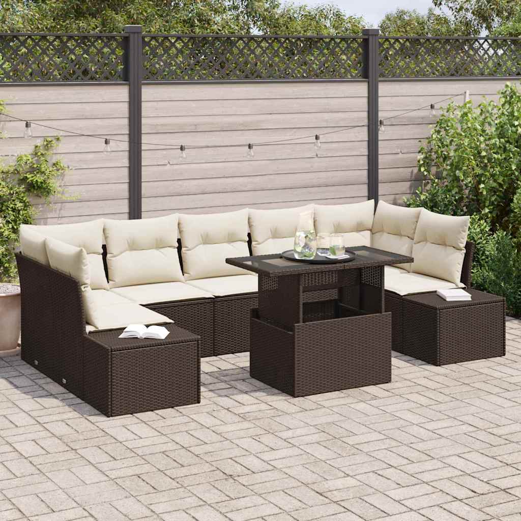 Set di divani con cuscino 8 pcs Marrone e Crema polyrattan | homemem39