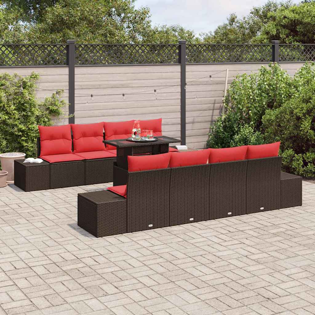 Set Divano da Giardino 9 pcs Marrone e Rosso polyrattan | homemem39