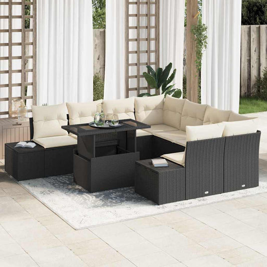 Set Divano da Giardino 9 pz Nero e Crema polyrattan