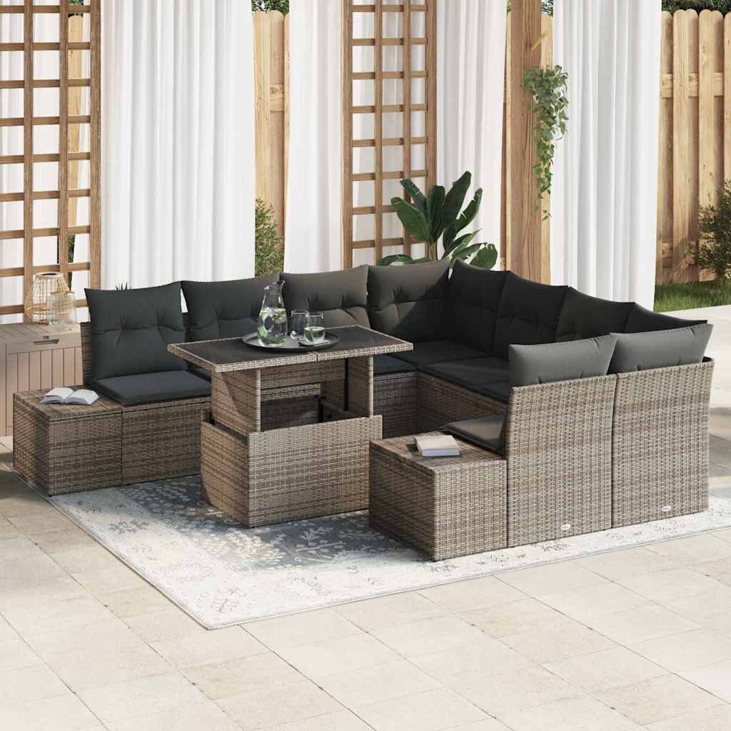 Set Divano da Giardino con cuscino 9 pcs Grigio polyrattan | homemem39
