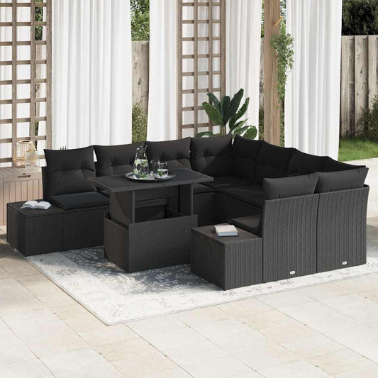 Set Divano da Giardino 9 pz Nero polyrattan
