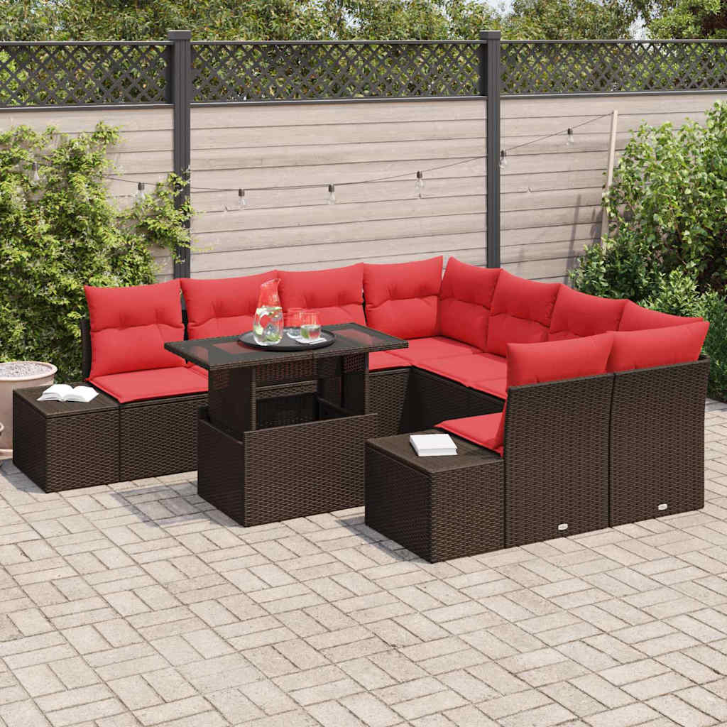 Set Divano da Giardino 9 pcs Marrone e Rosso polyrattan | homemem39