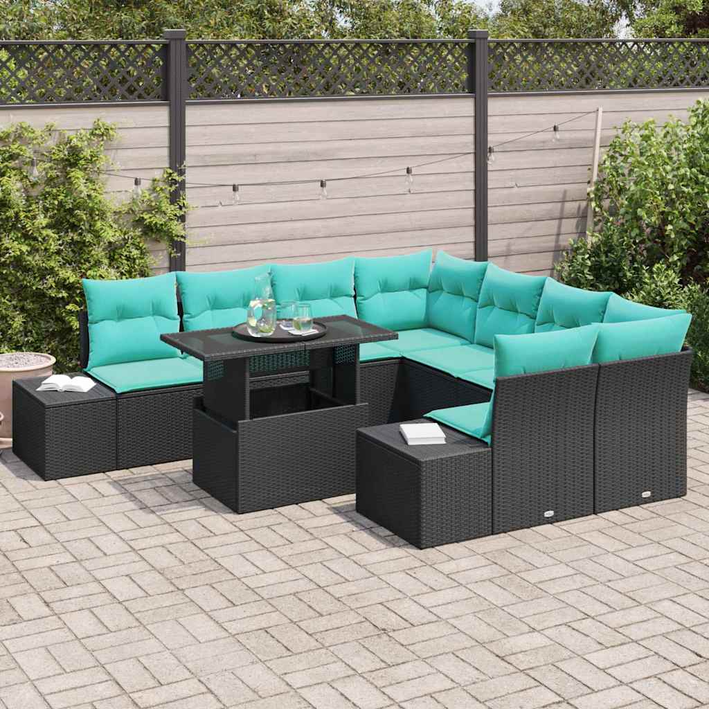 Set Divano da Giardino 9 pz 8-Numero di posti Nero e Blu | homemem39