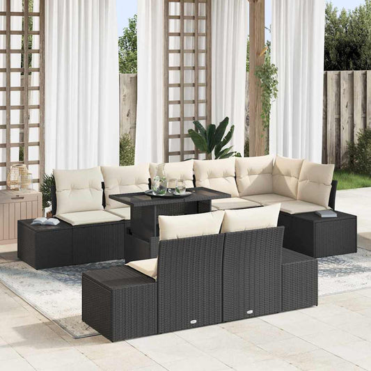 Set Divano da Giardino con cuscino 9 pcs Nero e crema