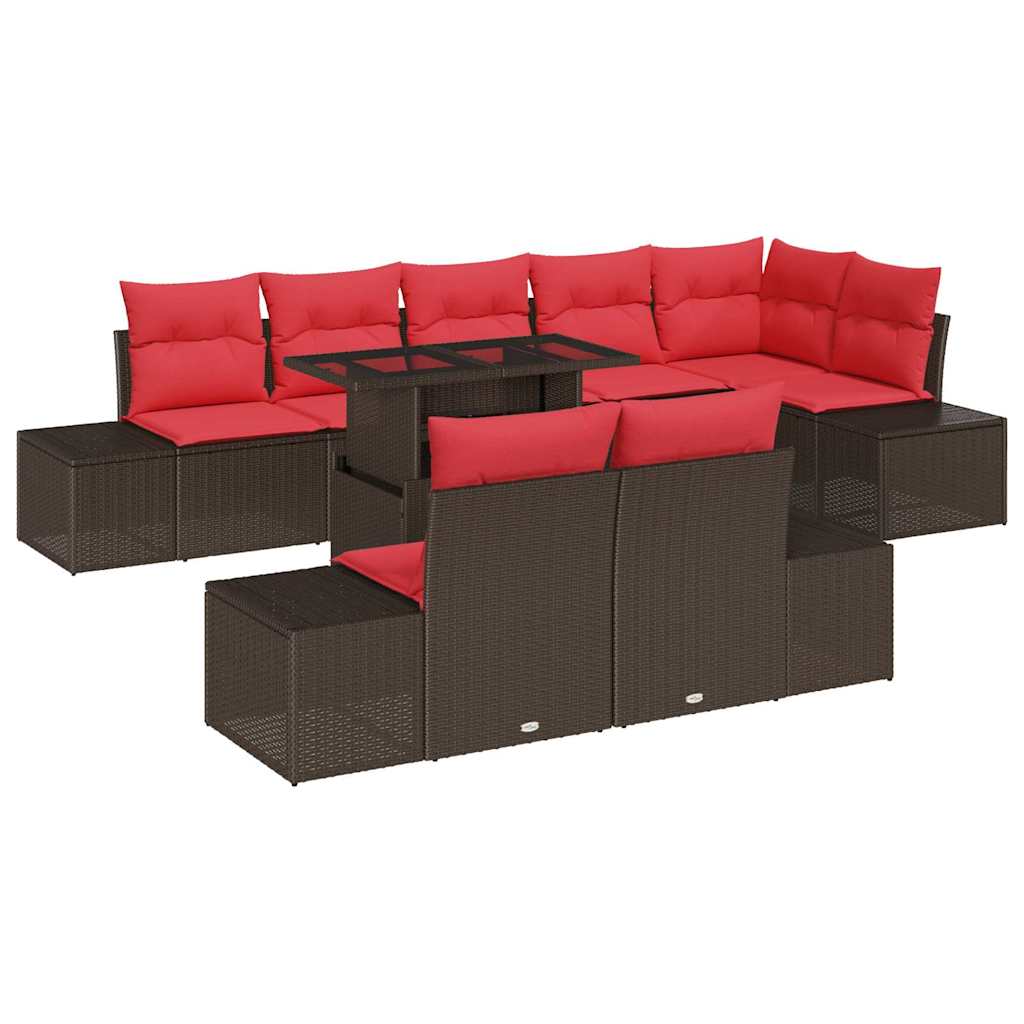 Set Divano da Giardino 9 pcs Marrone e Rosso polyrattan | homemem39