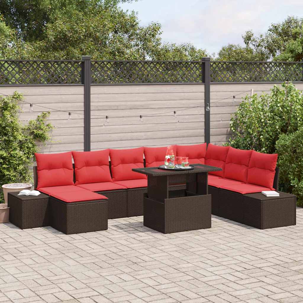 Set Divano da Giardino 9 pcs Marrone e Rosso polyrattan | homemem39