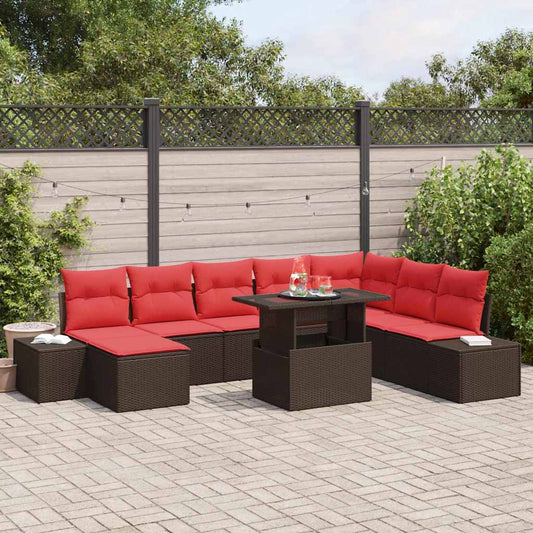 Set Divano da Giardino 9 pz Marrone e Rosso polyrattan | homemem39