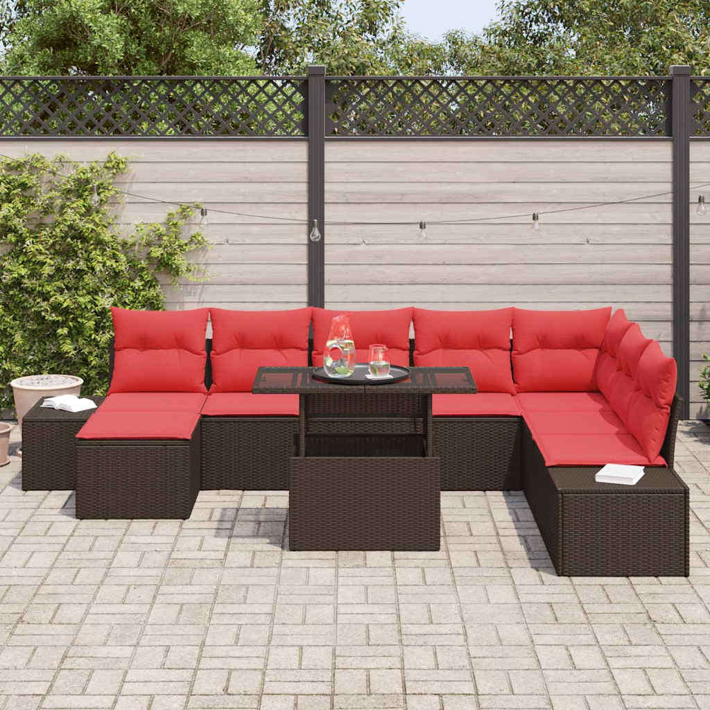 Set Divano da Giardino 9 pcs Marrone e Rosso polyrattan | homemem39