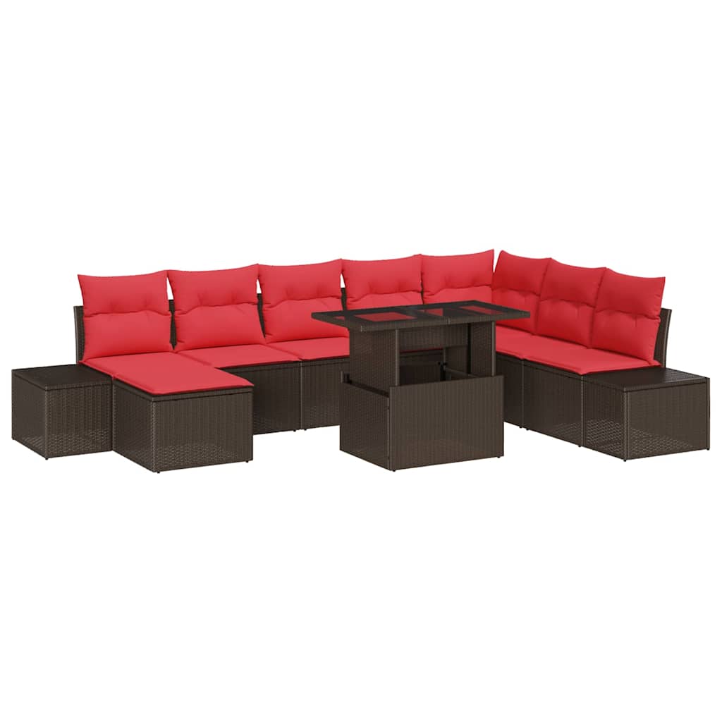 Set Divano da Giardino 9 pcs Marrone e Rosso polyrattan | homemem39