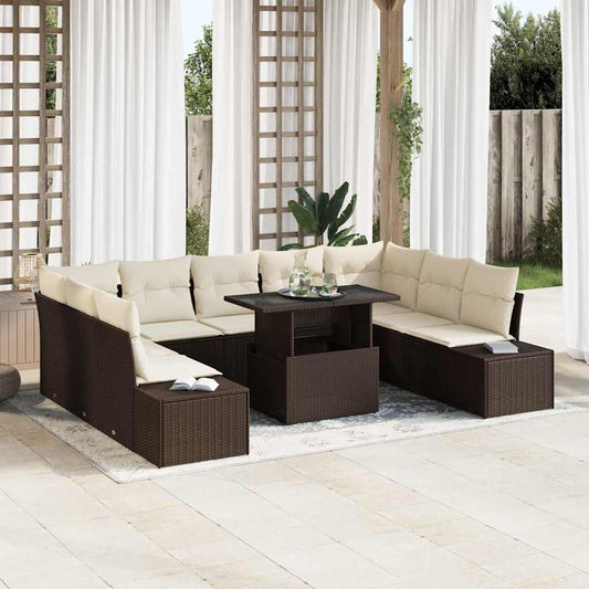 Set Divano da Giardino 10 pcs Marrone e Crema polyrattan