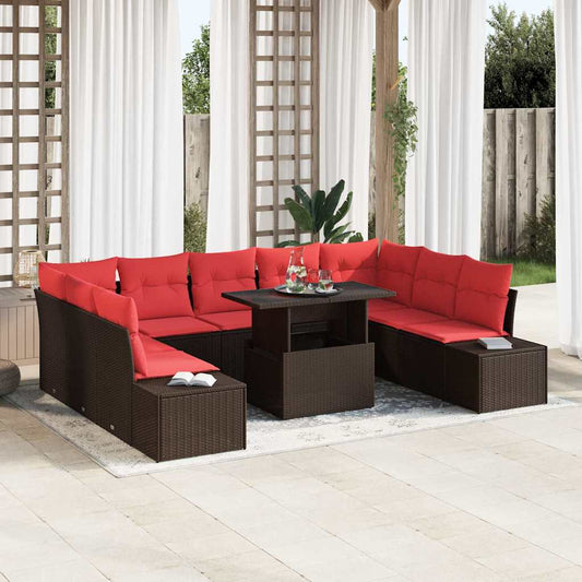 Set Divano da Giardino 10 pz Marrone e Rosso polyrattan | homemem39
