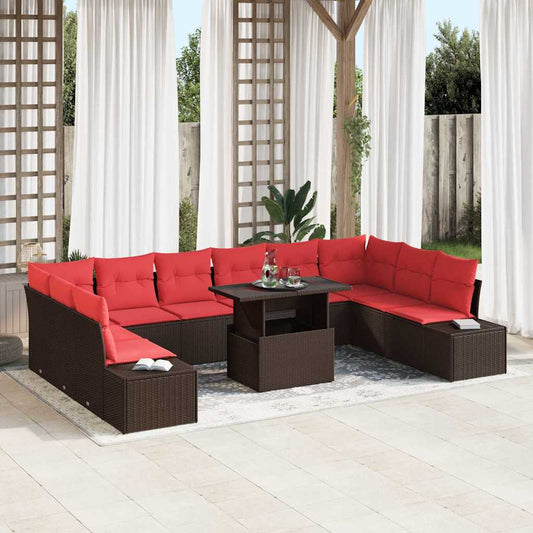 Set Divano da Giardino 11 pz Marrone e Rosso polyrattan | homemem39