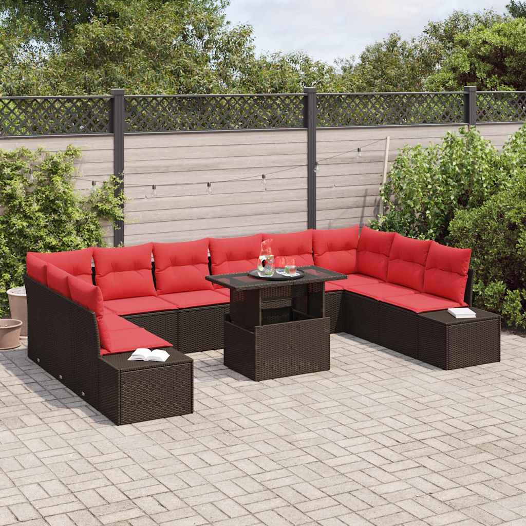 Set Divano da Giardino 11 pcs Marrone e Rosso polyrattan | homemem39