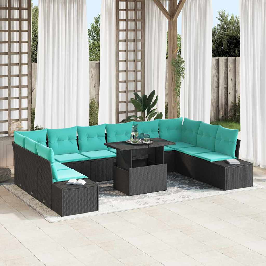 Set Divano da Giardino 11 pz Nero e Blu polyrattan