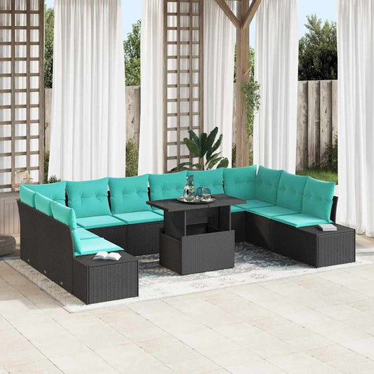 Set Divano da Giardino 11 pz Nero e Blu polyrattan