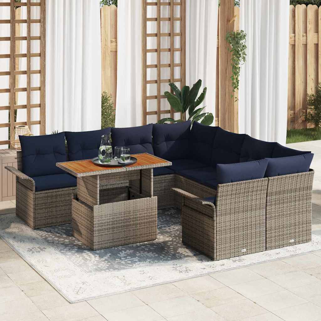 Set Divano da Giardino 9 pcs Grigio e Blu Navy polyrattan | homemem39