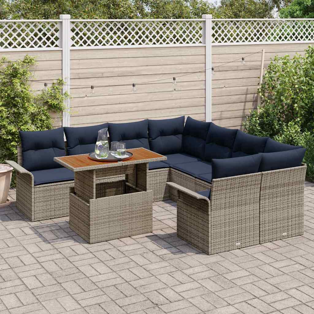 Set Divano da Giardino 9 pcs Grigio e Blu Navy polyrattan | homemem39