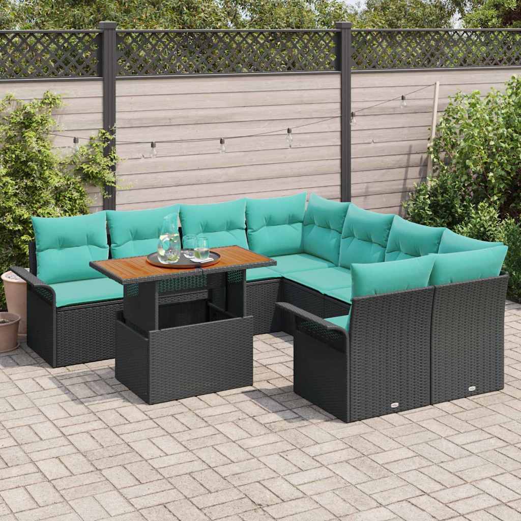 Set Divano da Giardino con cuscino 9 pcs Nero e Blu polyrattan | homemem39