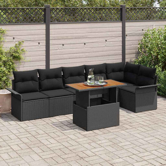 Set Divano da Giardino con cuscino 7 pcs Nero polyrattan
