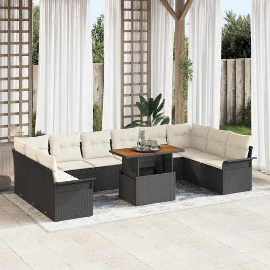 Set Divano da Giardino 11 pcs Nero e Crema polyrattan