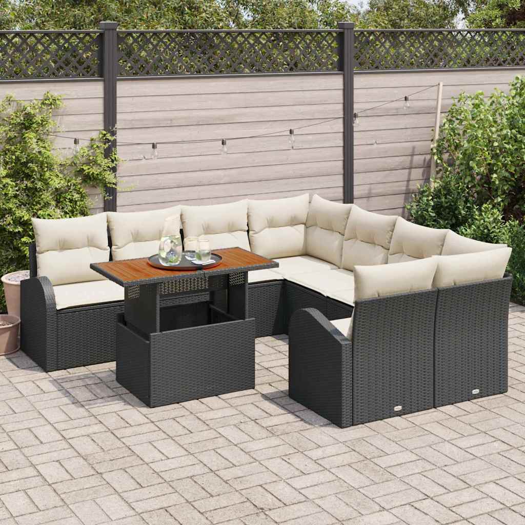 Set Divano da Giardino con cuscino 9 pcs Nero e crema | homemem39