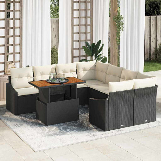 Set da Pranzo per Giardino con cuscino 9 pcs Nero e Crema