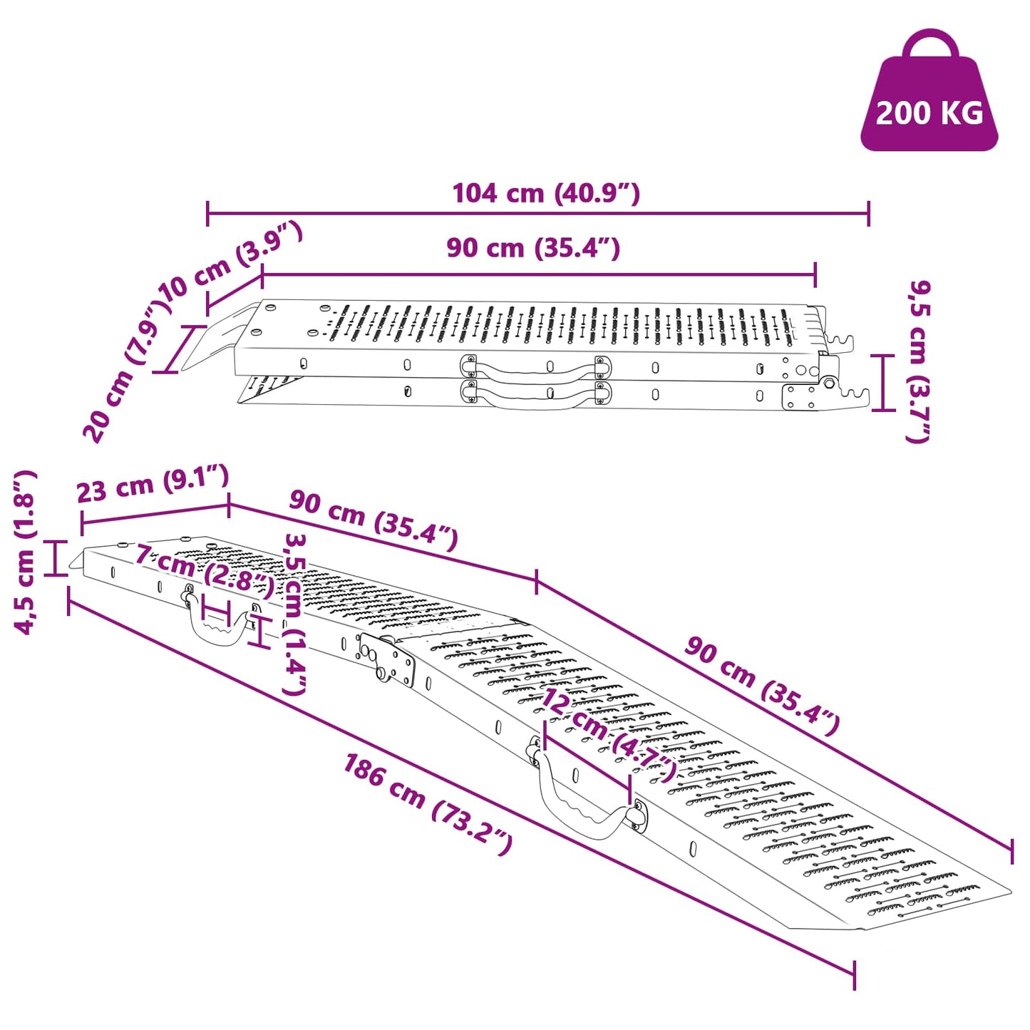 Rampe Pieghevoli 200kg per rampa Argento 186 x 23 x 4,5 cm | homemem39