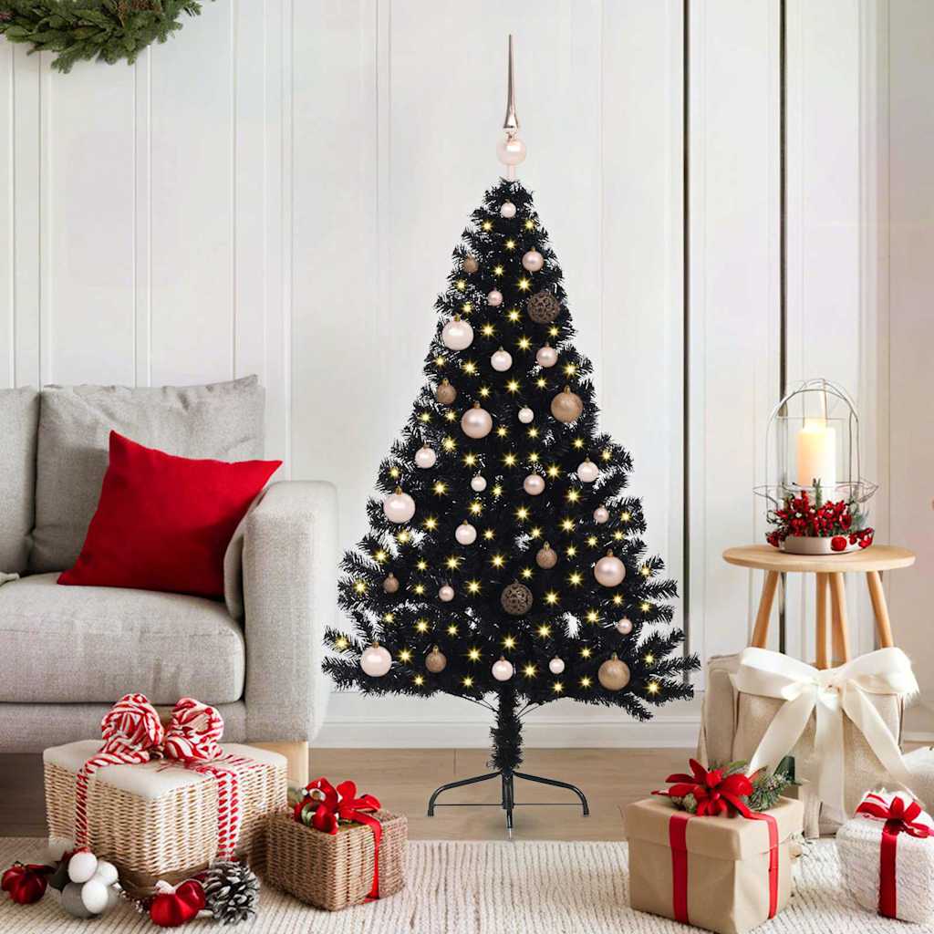 Albero di Natale artificiale con luci integrate Nero 150 cm PVC