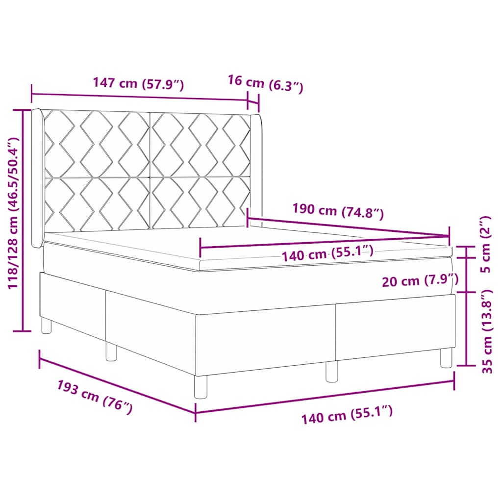 Letto a Molle con materasso Grigio scuro 140 x 190 cm Tessuto