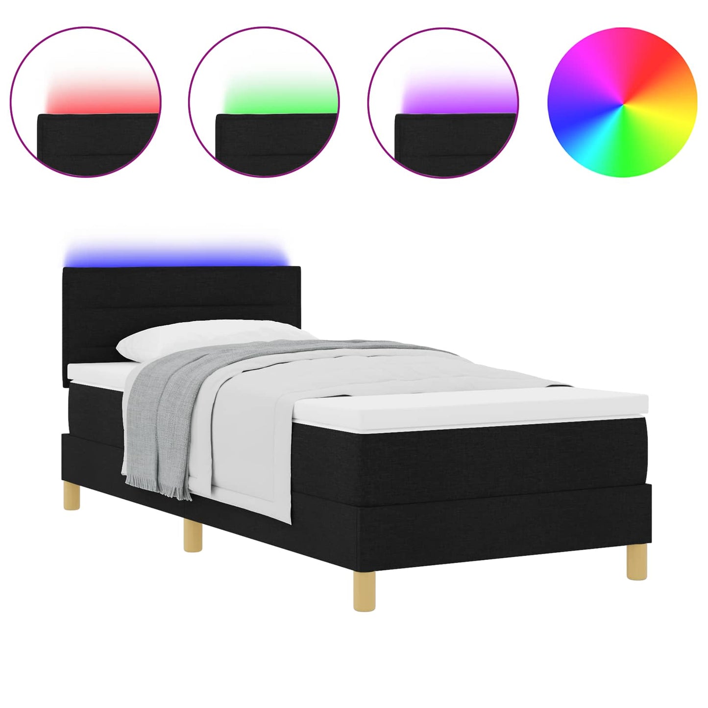 Letto a Sorgente LED con materasso Nero 100 x 200 cm Tessuto