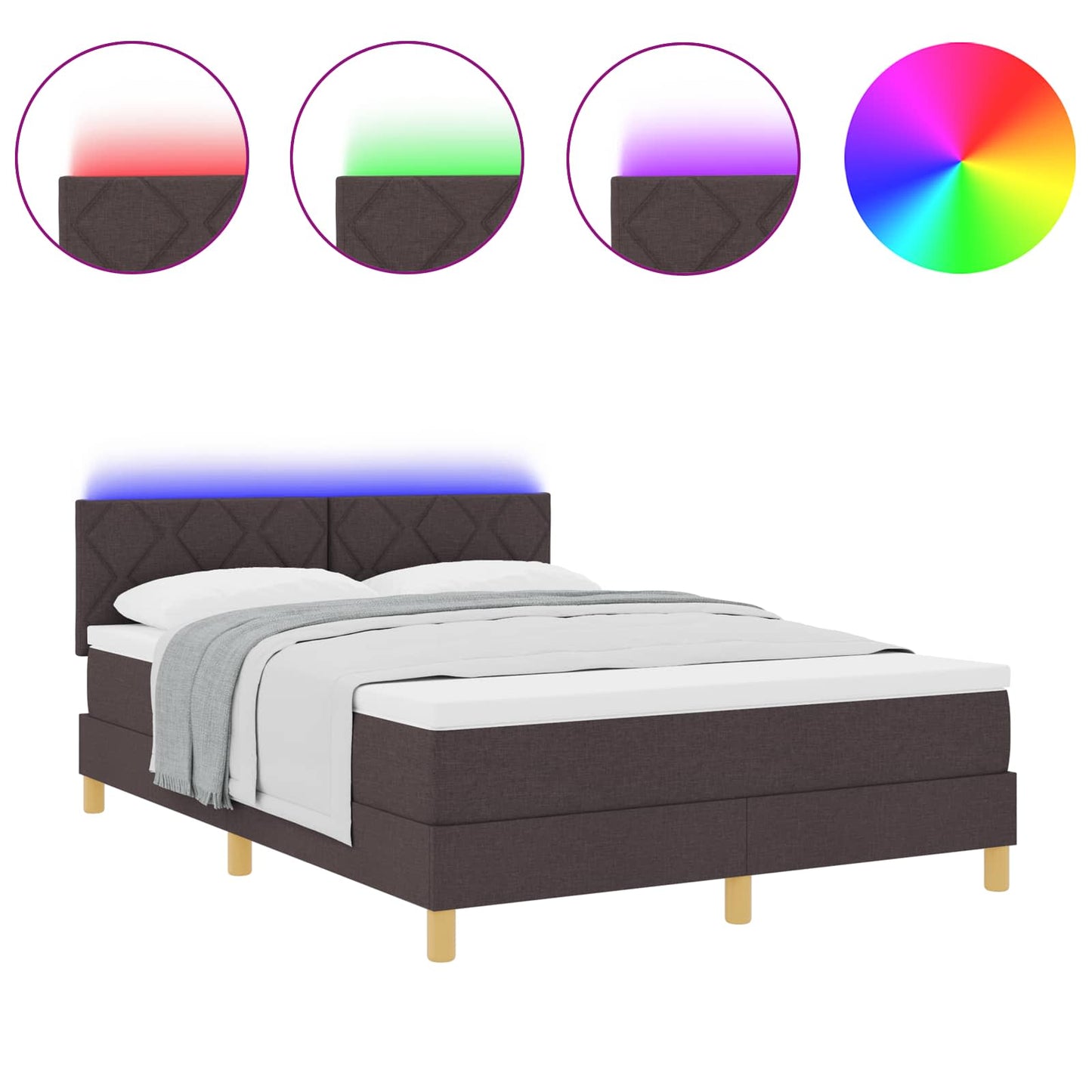 Letto a Sorgente LED Marrone Scuro 140 x 200 cm Tessuto