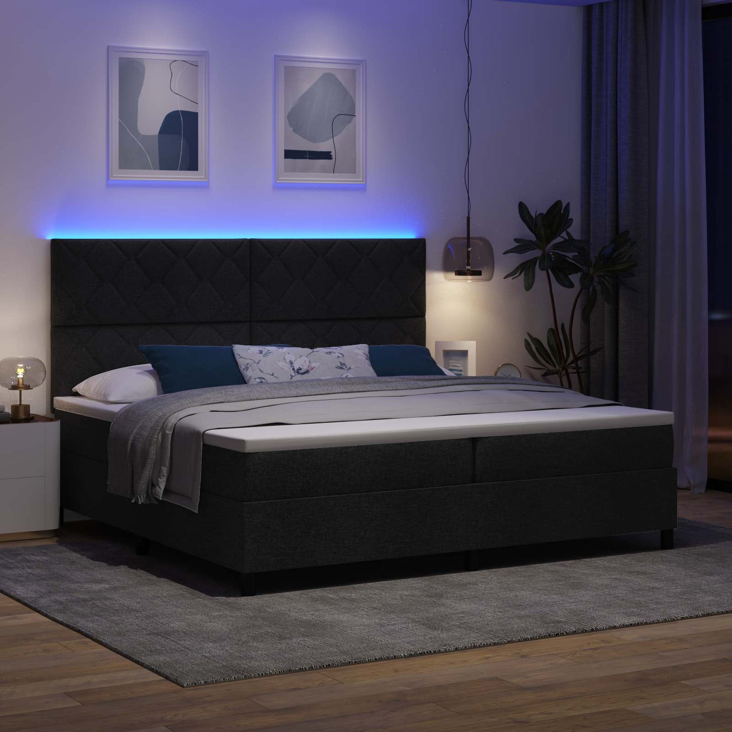 Letto a molle con materasso con led Nero 200 x 200 cm Tessuto | homemem39