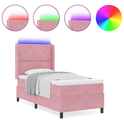 Letto con Box Springs LED e Materasso Rosa 100 x 200 cm Velluto