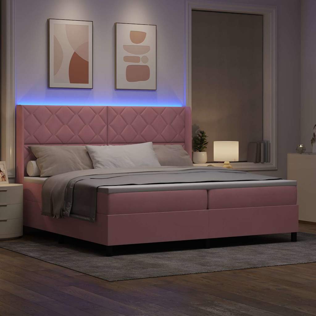 Letto con Box Springs LED e Materasso Rosa 200 x 200 cm Velluto
