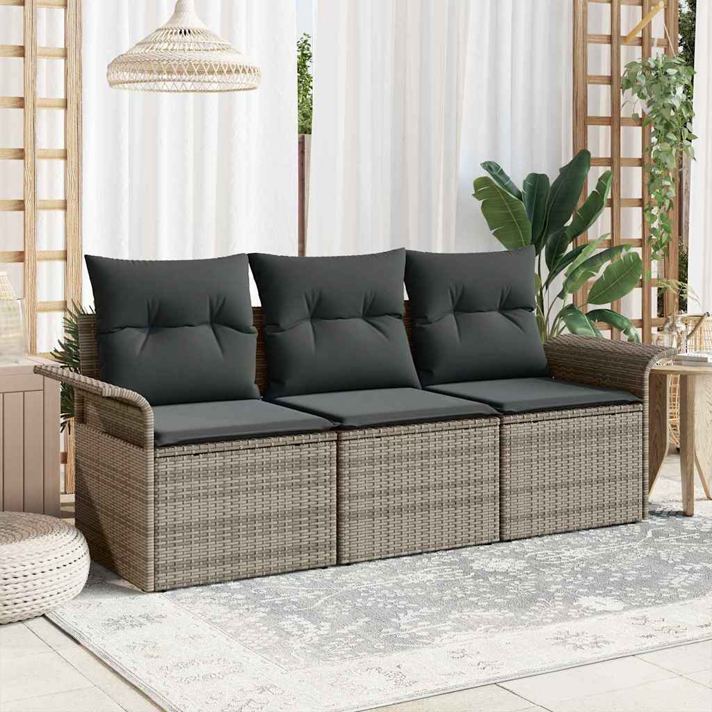 Set Divano da Giardino con cuscino 3 pcs Grigio Poly Rattan
