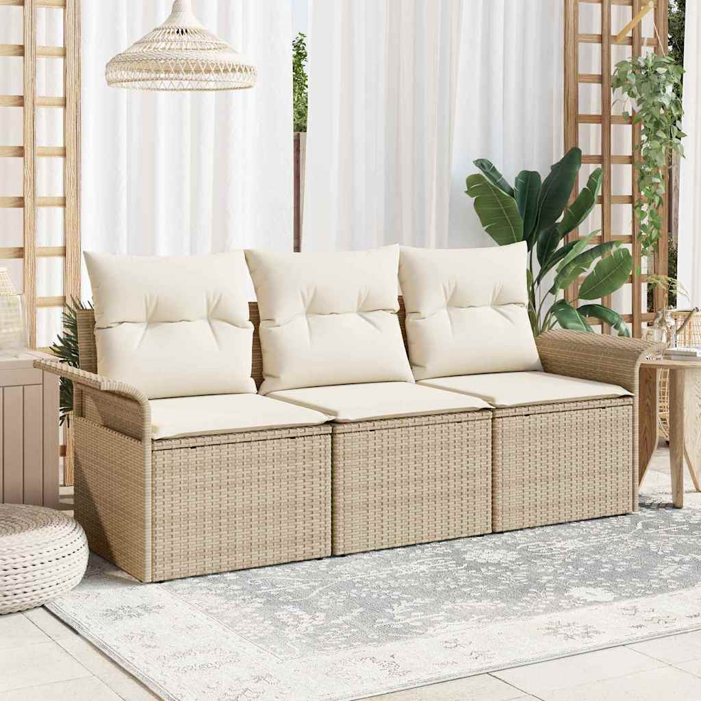 Set Divano da Giardino con cuscino 3 pcs Beige Poly Rattan | homemem39