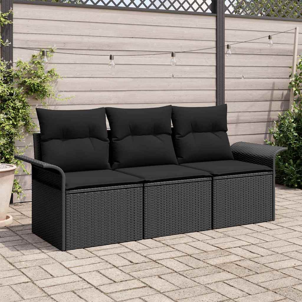 Set Divano da Giardino con cuscino 3 pcs Nero Poly Rattan | homemem39
