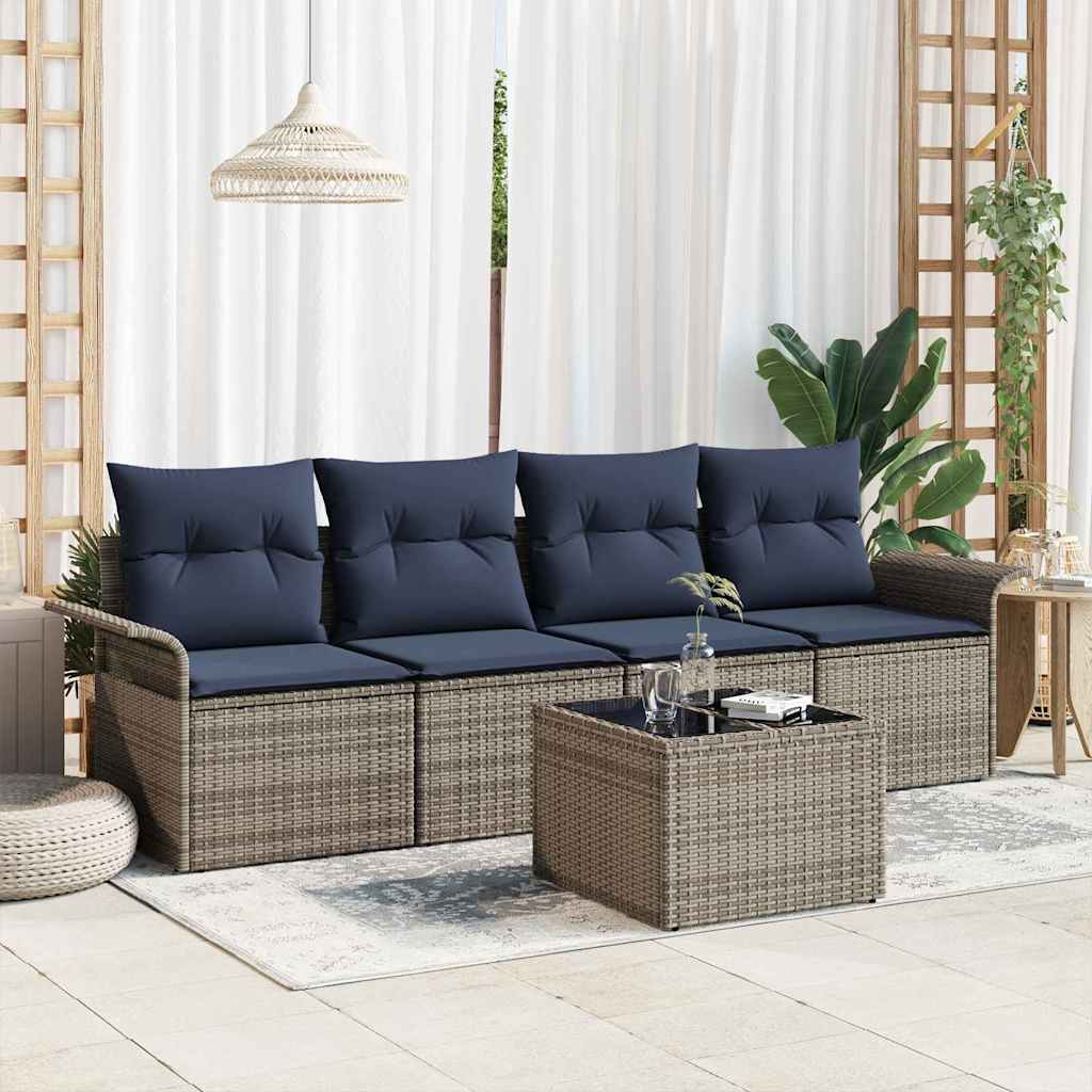 Set Divano da Giardino 5 pcs Grigio e Blu Navy polyrattan | homemem39