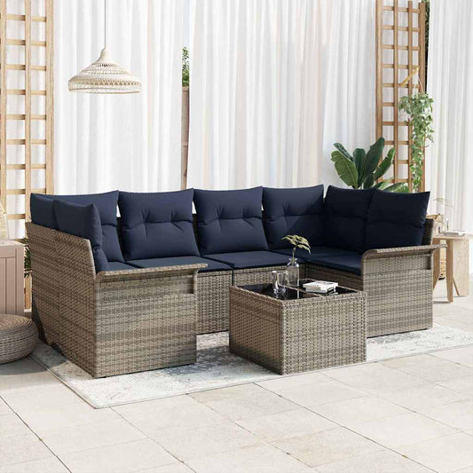 Set Divano da Giardino 7 pcs Grigio e Blu Navy polyrattan